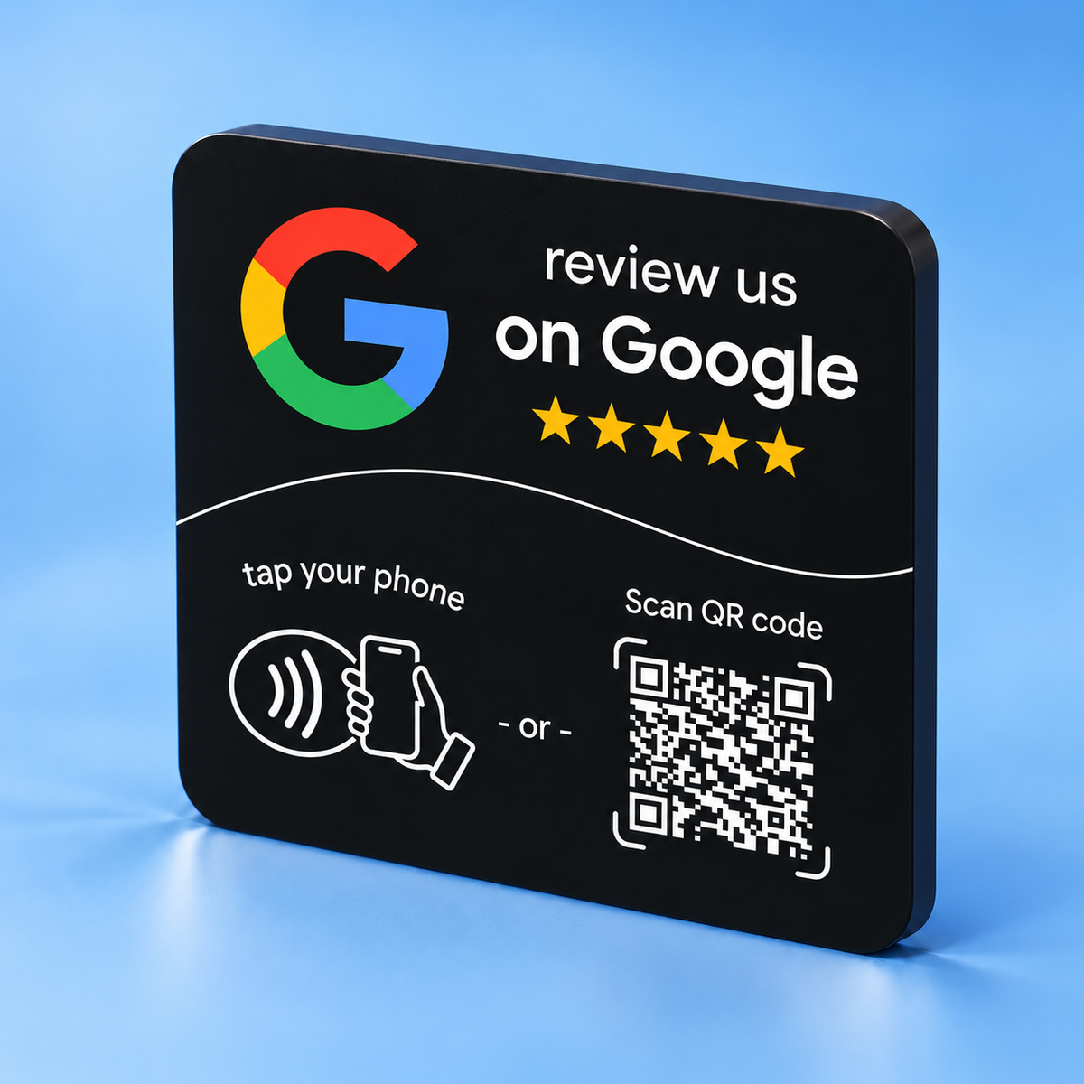 Placa NFC negra para reseñas de Google con código QR