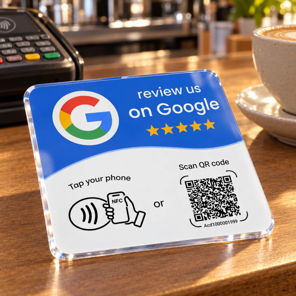 Placa de reseñas de Google junto a la terminal de pago en el mostrador de una cafetería