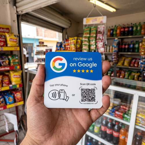 Placa NFC de reseñas de Google en la mano, para ver su tamaño real