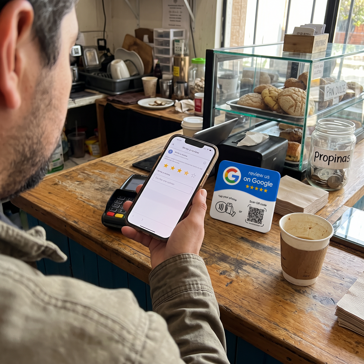 Cliente acerca el celular a la placa en el mostrador de una cafetería para dejar su reseña en Google