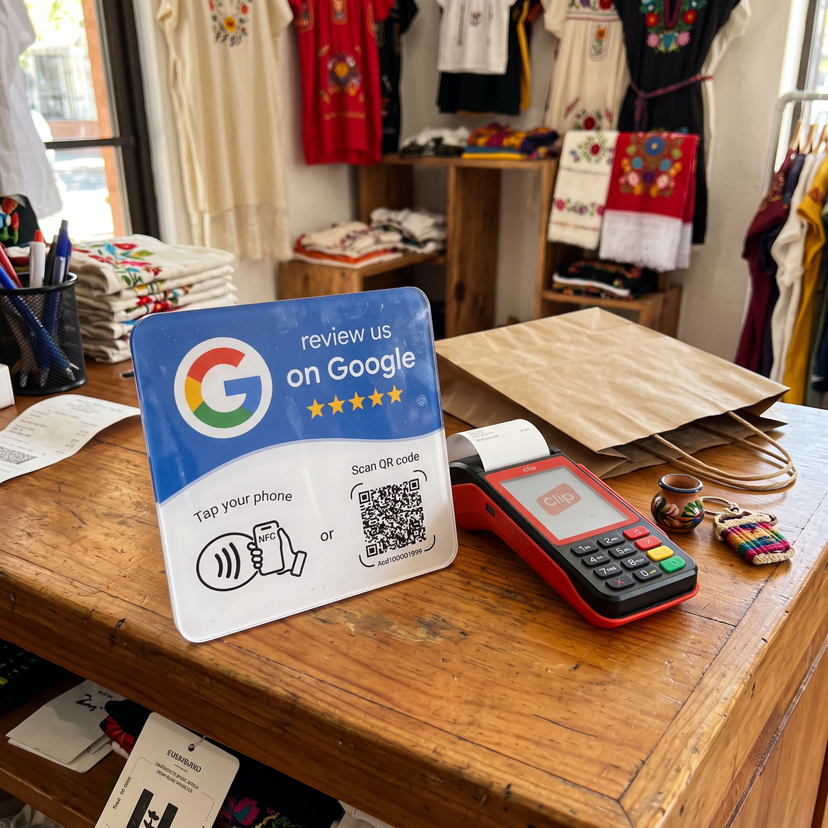 Placa de reseñas de Google junto a la terminal de pago en una boutique